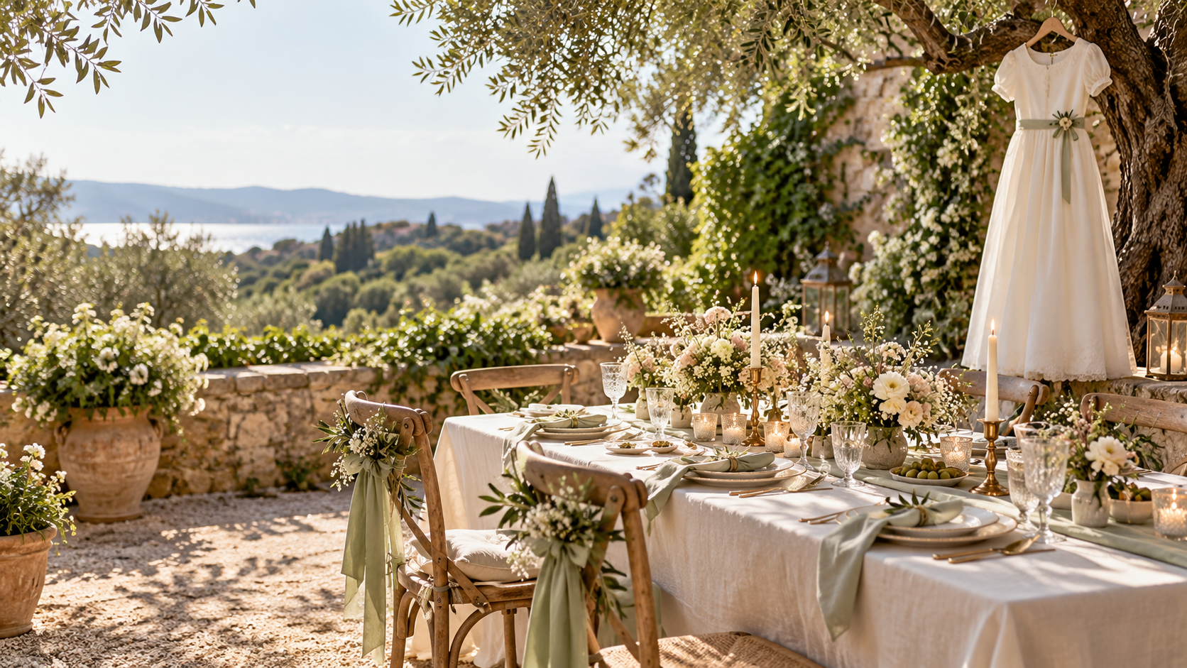 Preparativos de una celebración de comunión en un jardín mediterráneo, sin asistentes